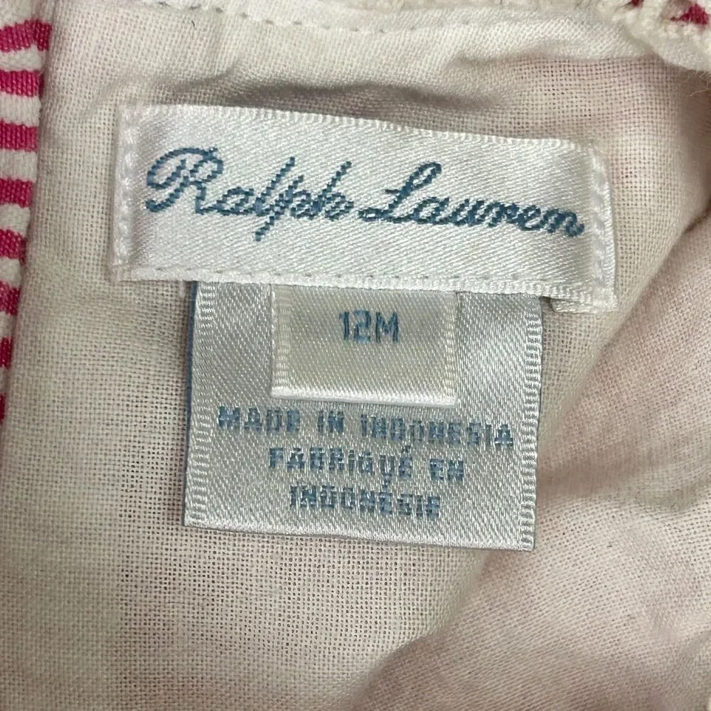 Ralph Lauren Pink White Stripe Seersucker Lace Collar Flouncy Baby Dress 12 Mnth